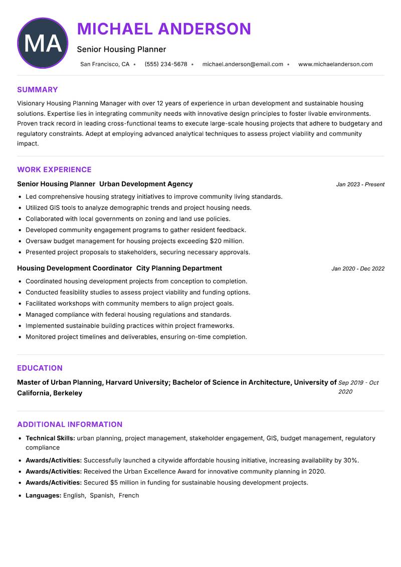 Housing Planning Manager Resume Preview Example