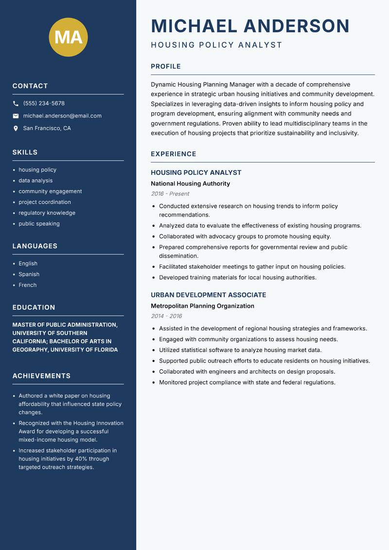 Housing Planning Manager Resume Preview Example