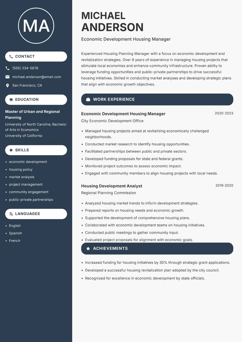 Housing Planning Manager Resume Preview Example