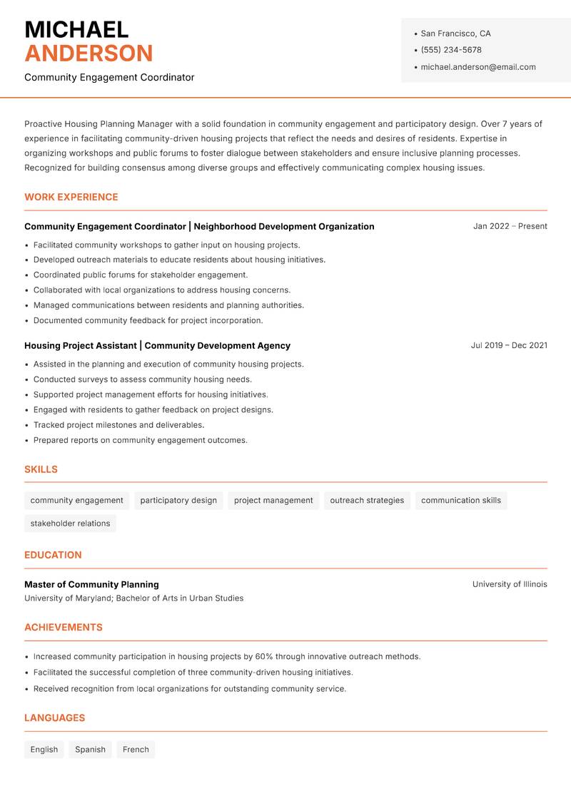 Housing Planning Manager Resume Template