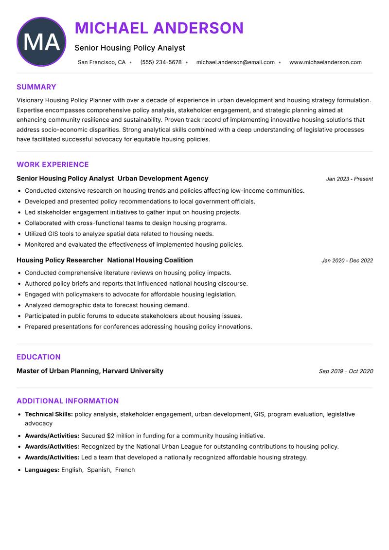 Housing Policy Planner Resume Preview Example