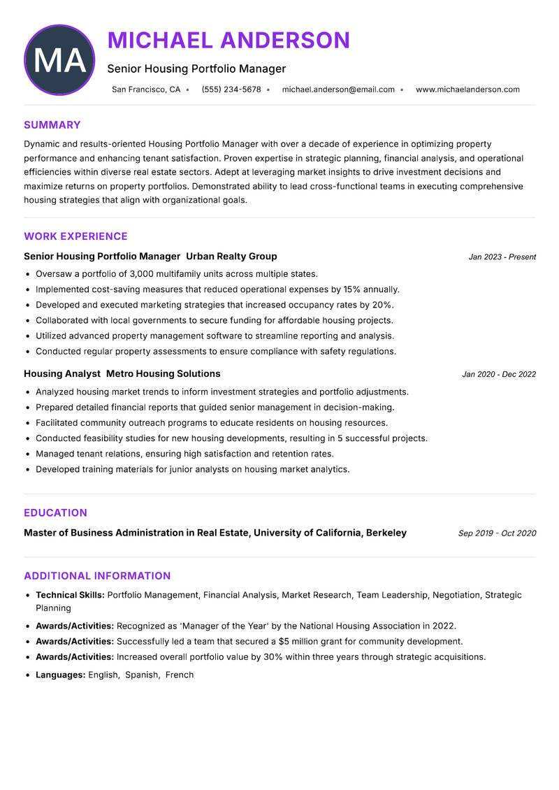 Housing Portfolio Manager Resume Preview Example