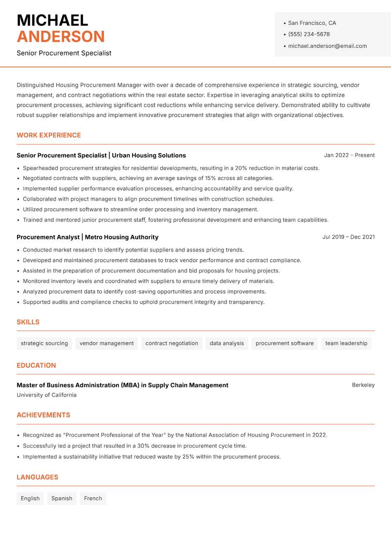 Housing Procurement Manager Resume Template