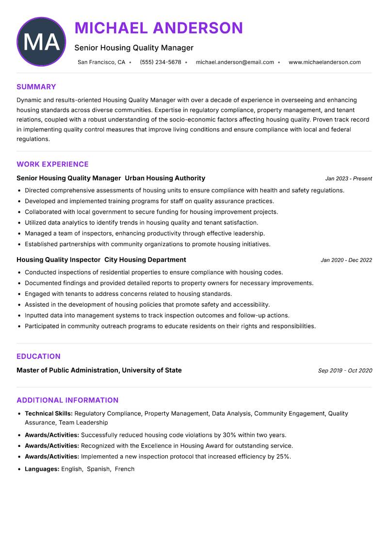 Housing Quality Manager Resume Preview Example