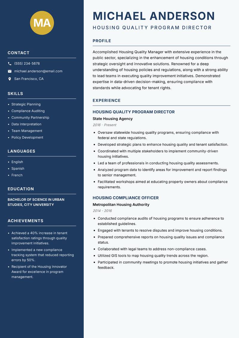 Housing Quality Manager Resume Preview Example