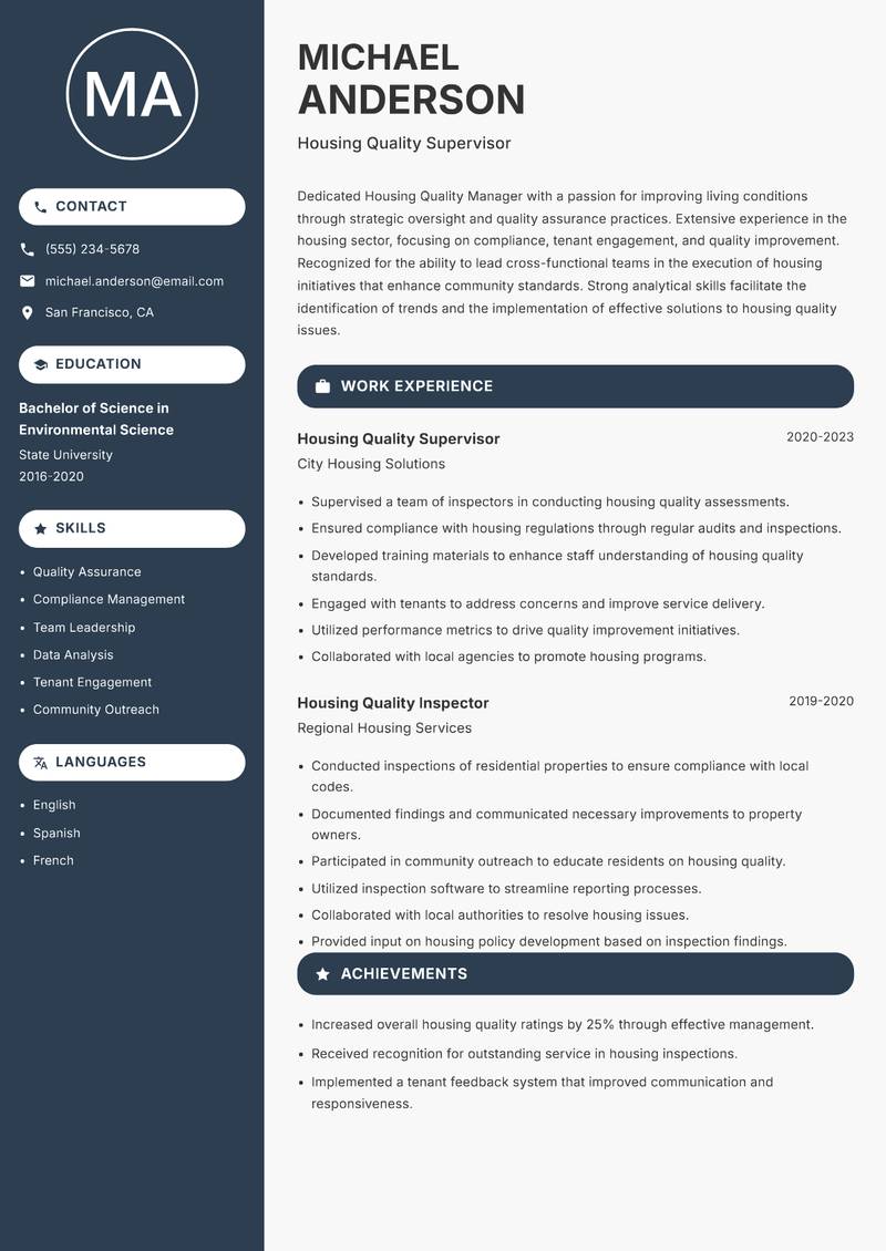 Housing Quality Manager Resume Preview Example
