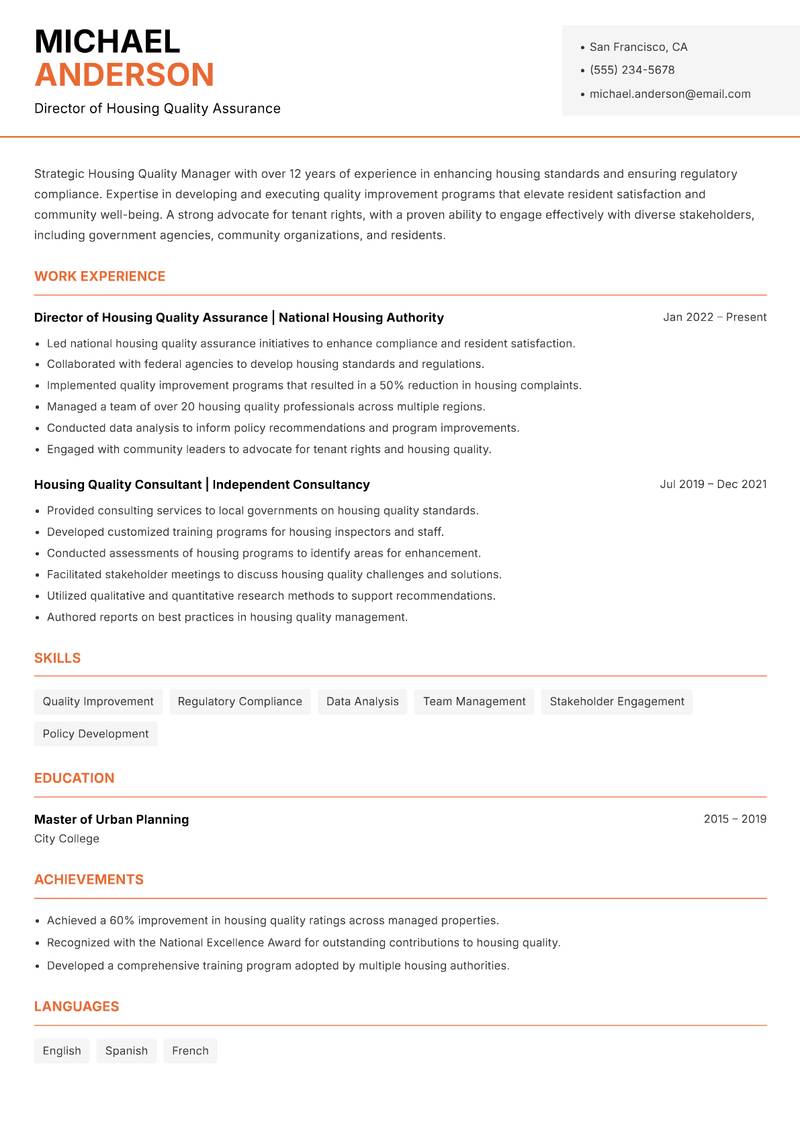 Housing Quality Manager Resume Template