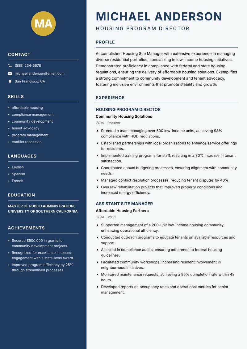 Housing Site Manager Resume Preview Example