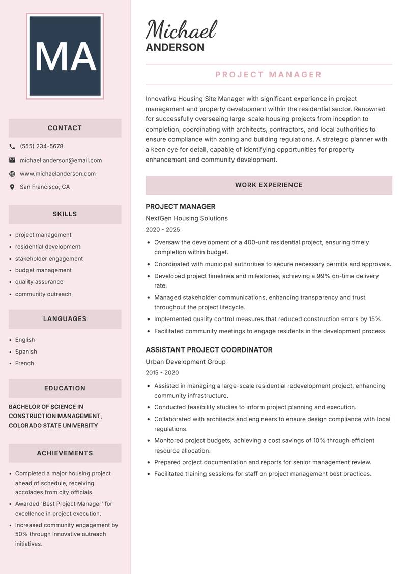 Housing Site Manager Resume Preview Example