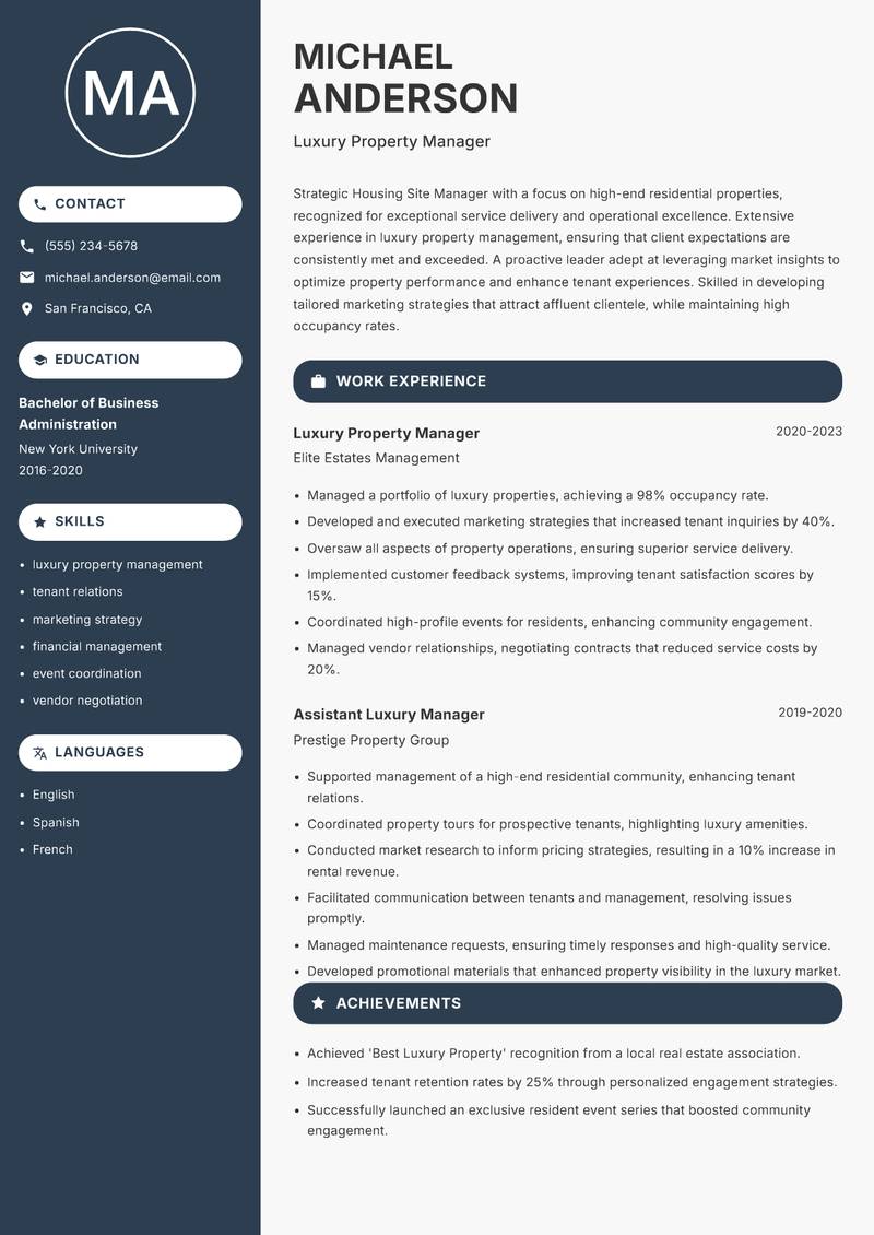 Housing Site Manager Resume Preview Example