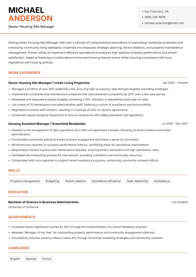 Housing Site Manager Resume Template