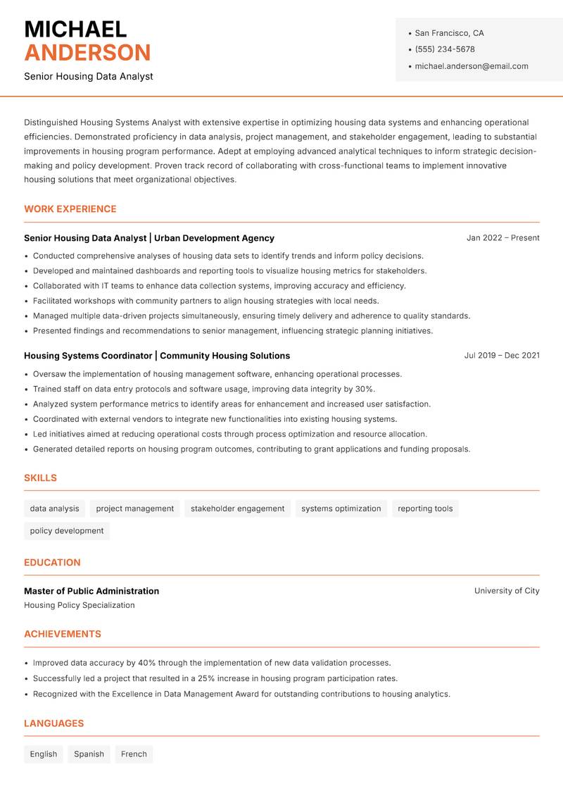 Housing Systems Analyst Resume Template