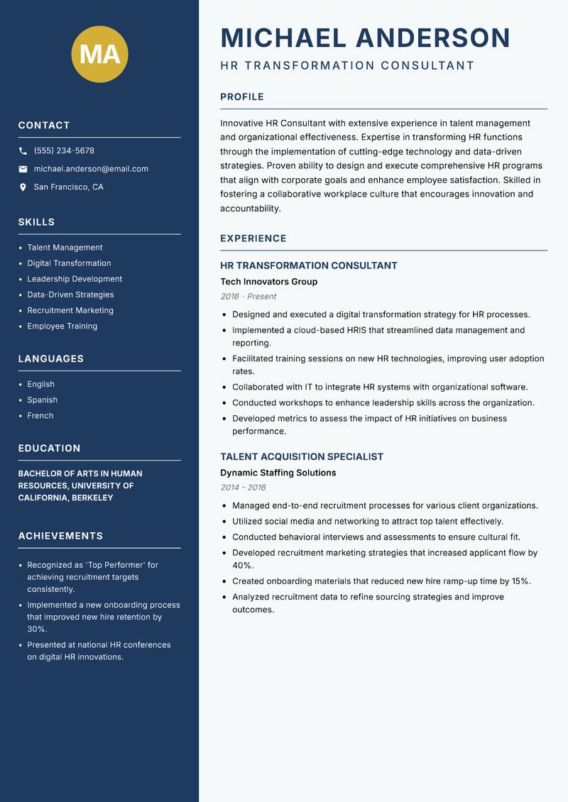 HR Consultant Resume Preview Example