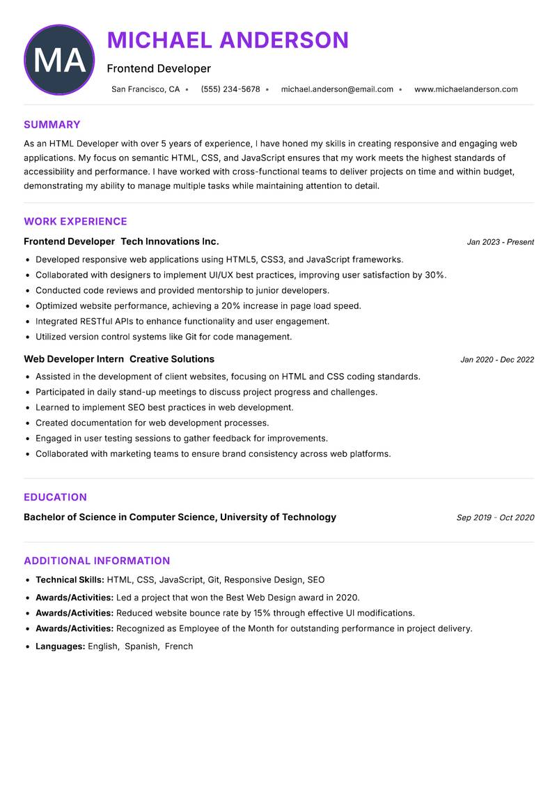 HTML Developer Resume Preview Example