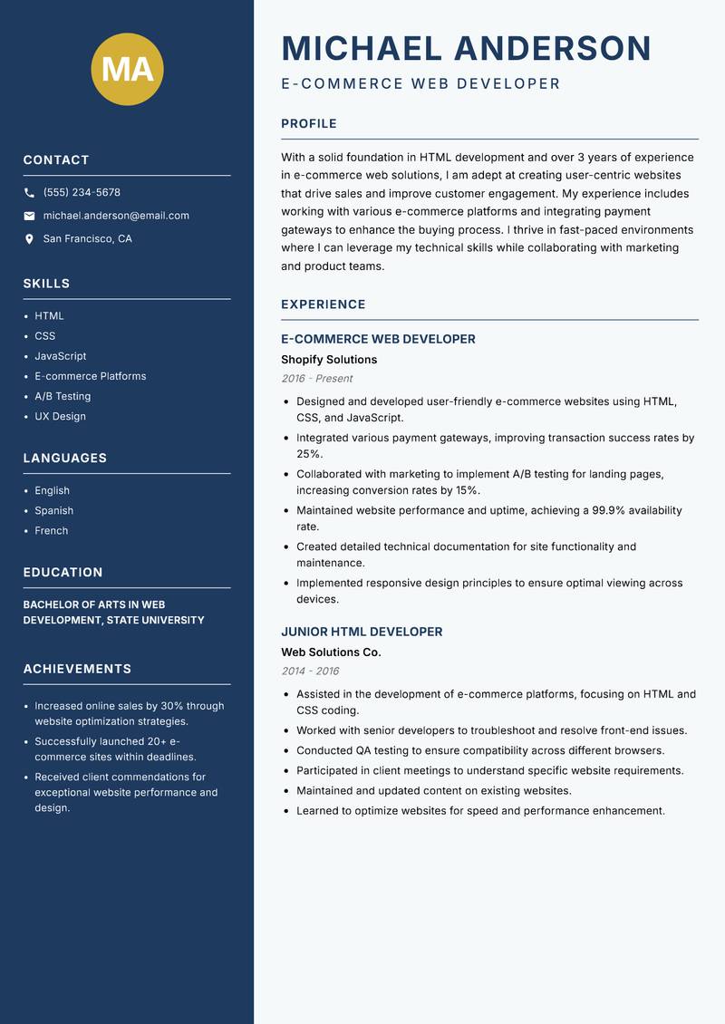 HTML Developer Resume Preview Example