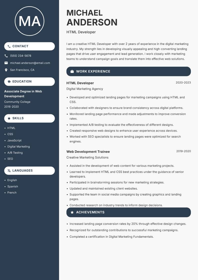 HTML Developer Resume Preview Example