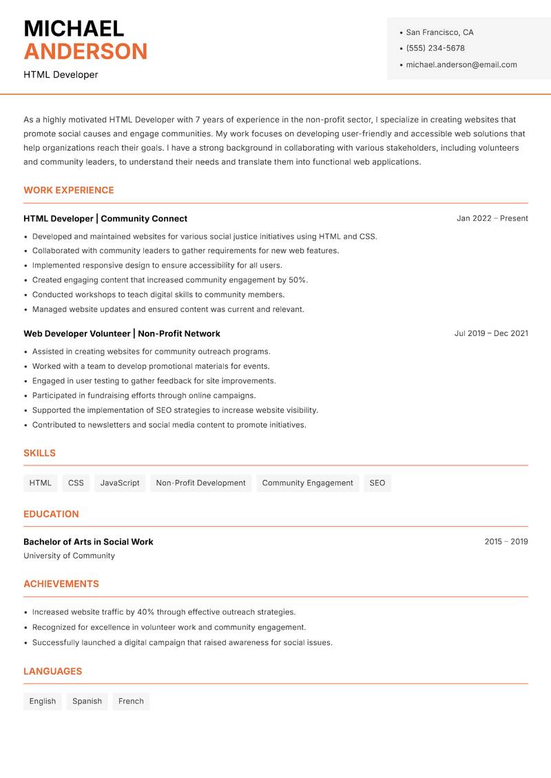 HTML Developer Resume Template