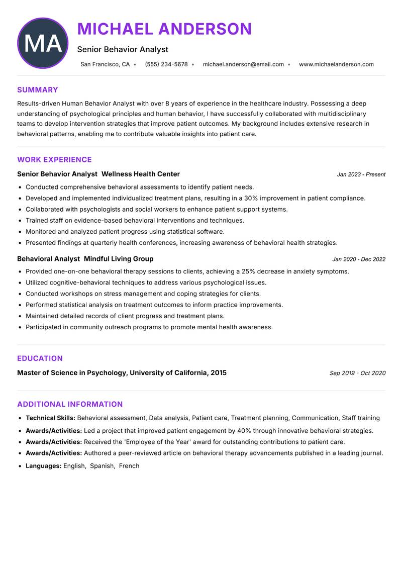 Human Behavior Analyst Resume Preview Example