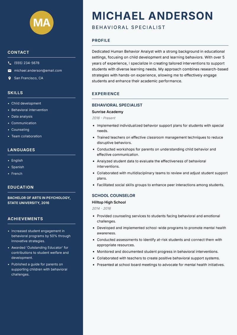 Human Behavior Analyst Resume Preview Example