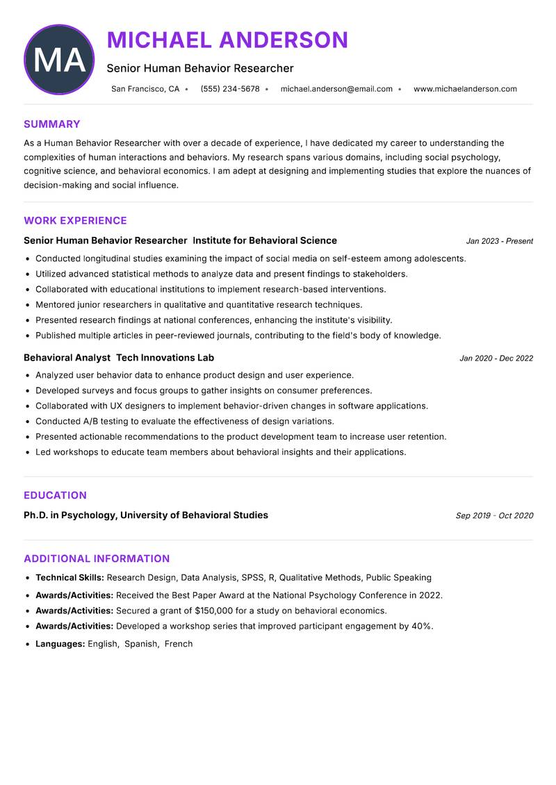 Human Behavior Researcher Resume Preview Example