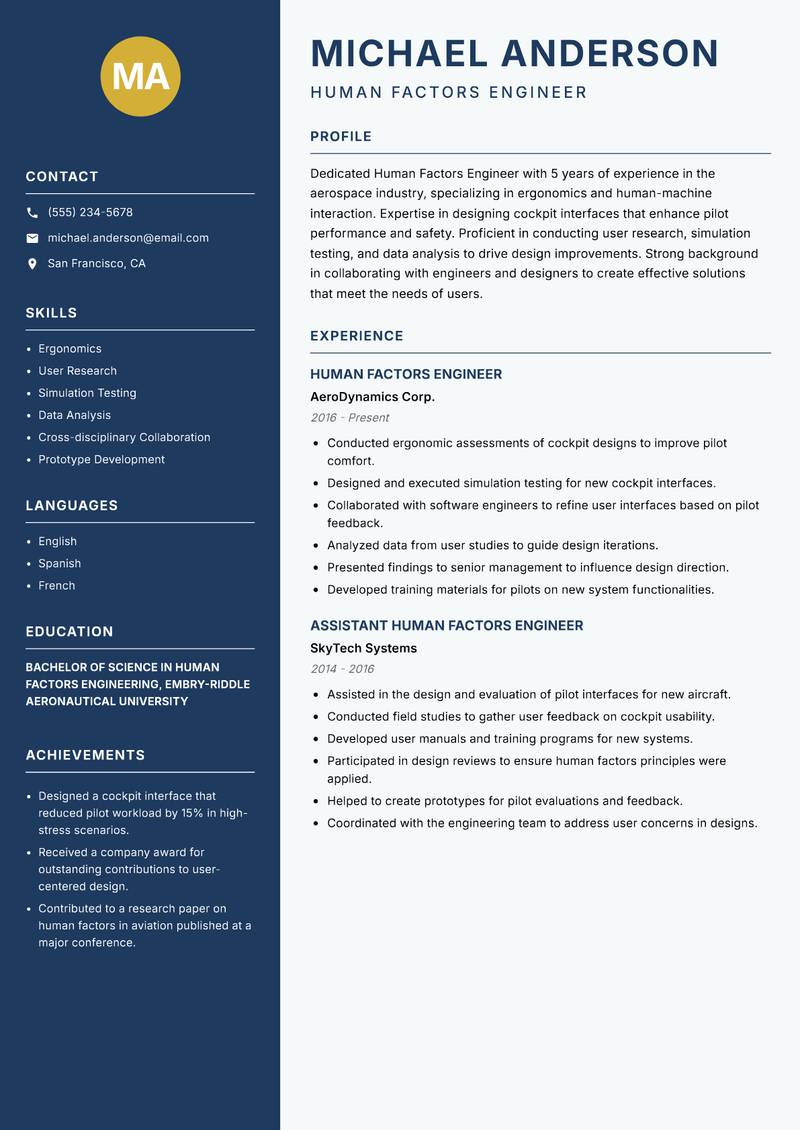 Human Factors Engineer Resume Preview Example