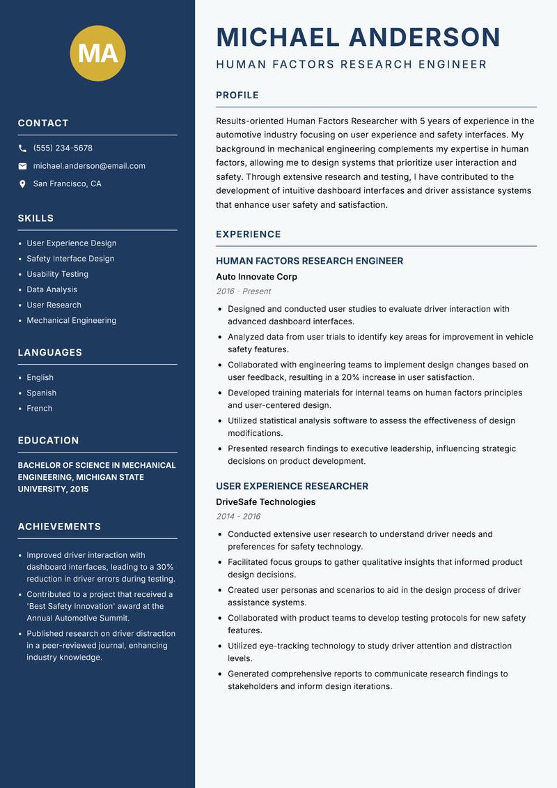 Human Factors Researcher Resume Preview Example