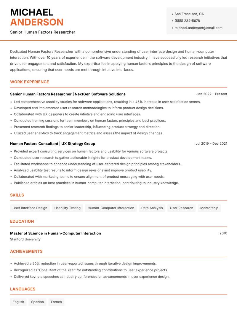 Human Factors Researcher Resume Template