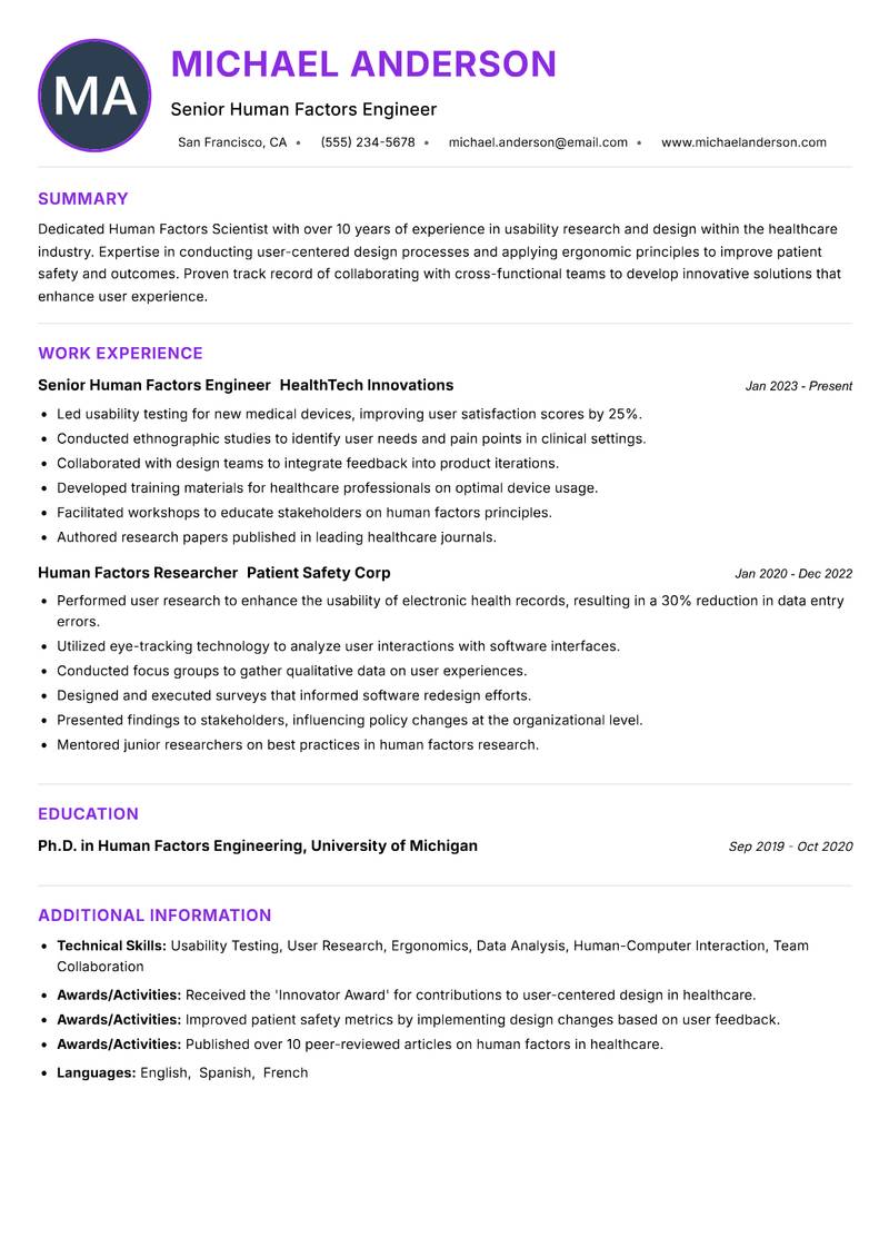 Human Factors Scientist Resume Preview Example