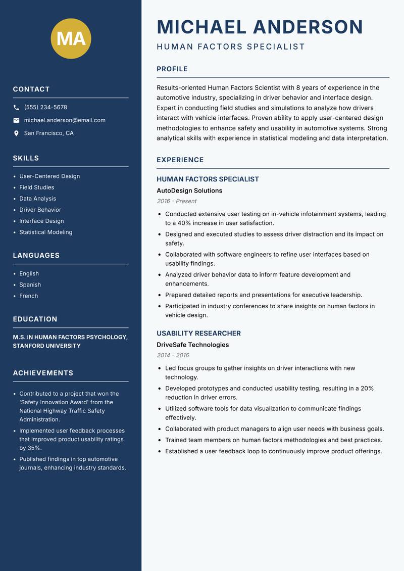 Human Factors Scientist Resume Preview Example