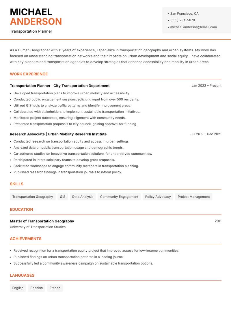 Human Geographer Resume Template