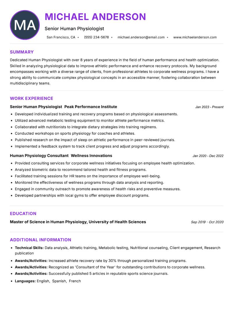 Human Physiologist Resume Preview Example