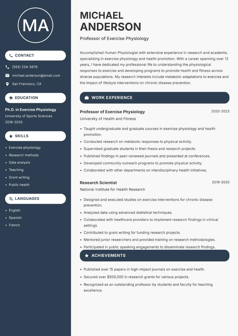 Human Physiologist Resume Preview Example