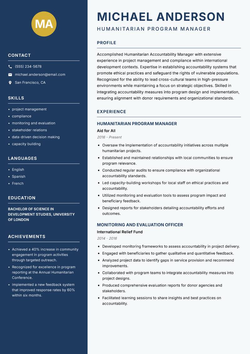 Humanitarian Accountability Manager Resume Preview Example