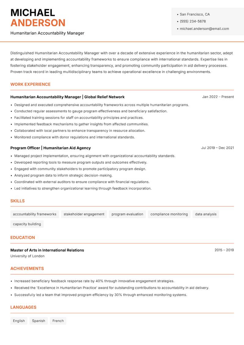 Humanitarian Accountability Manager Resume Template