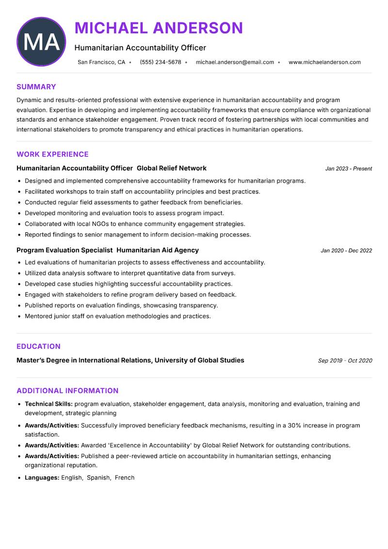 Humanitarian Accountability Officer Resume Preview Example