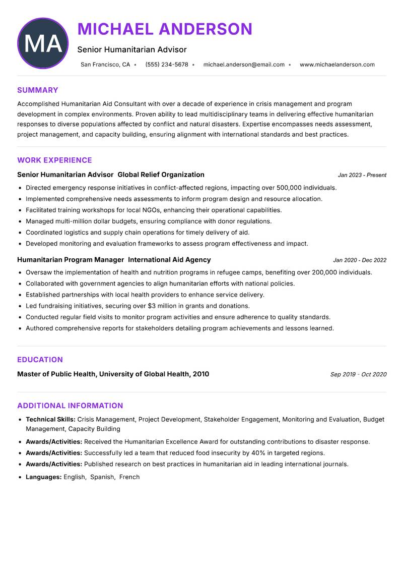 Humanitarian Aid Consultant Resume Preview Example