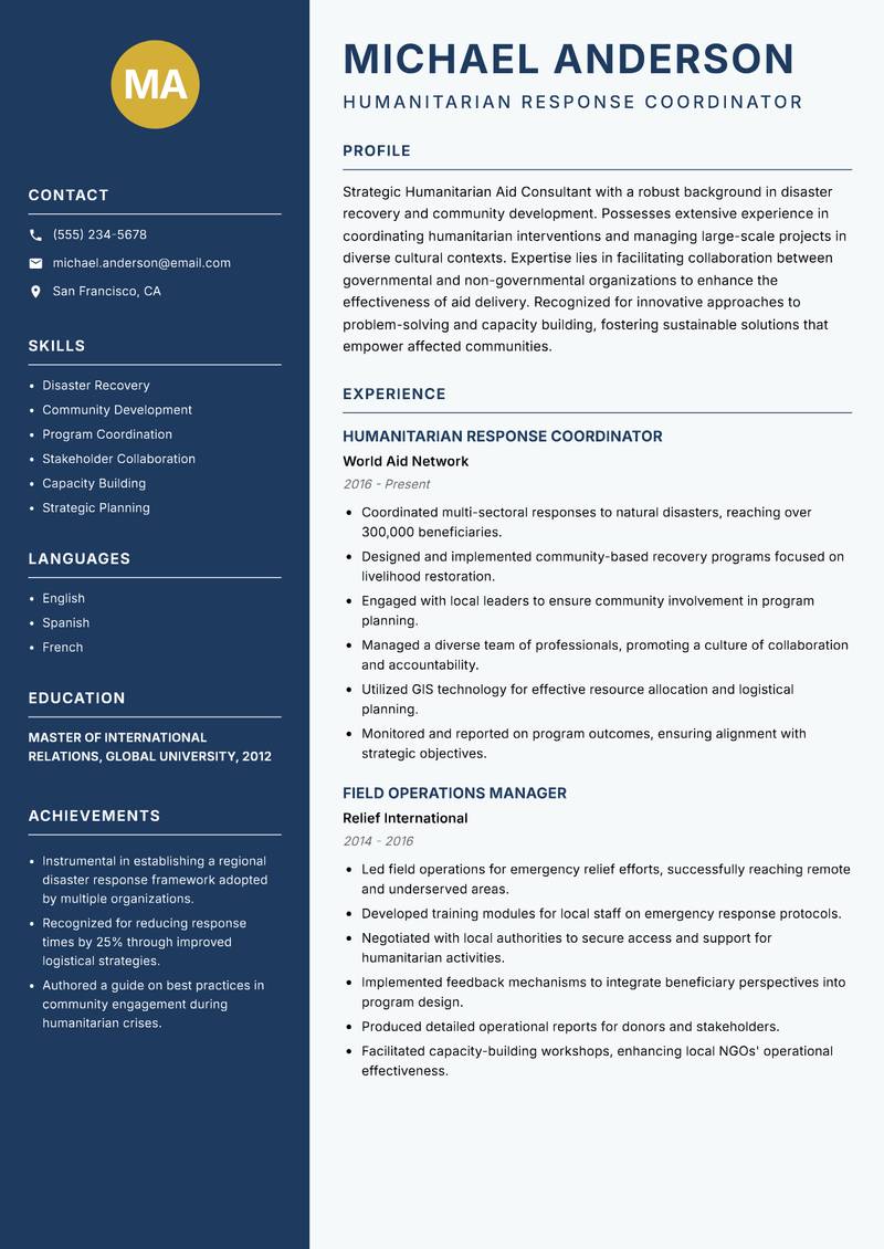 Humanitarian Aid Consultant Resume Preview Example