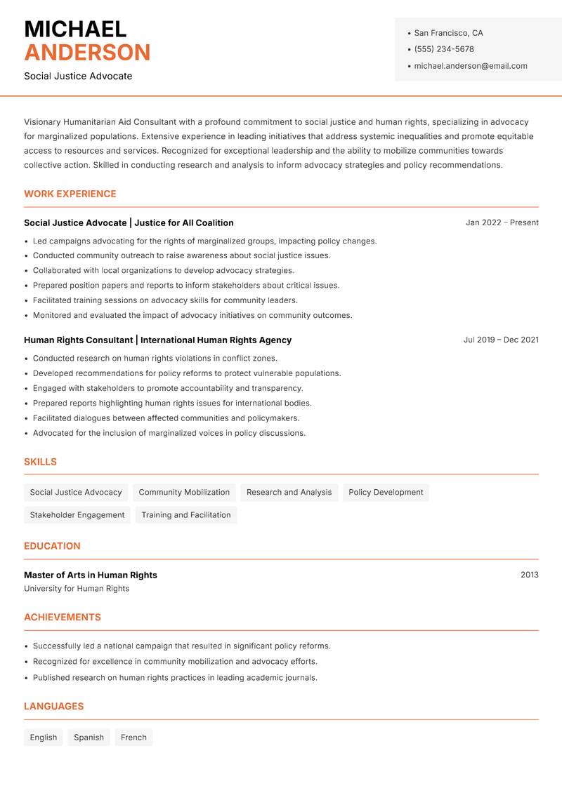Humanitarian Aid Consultant Resume Template