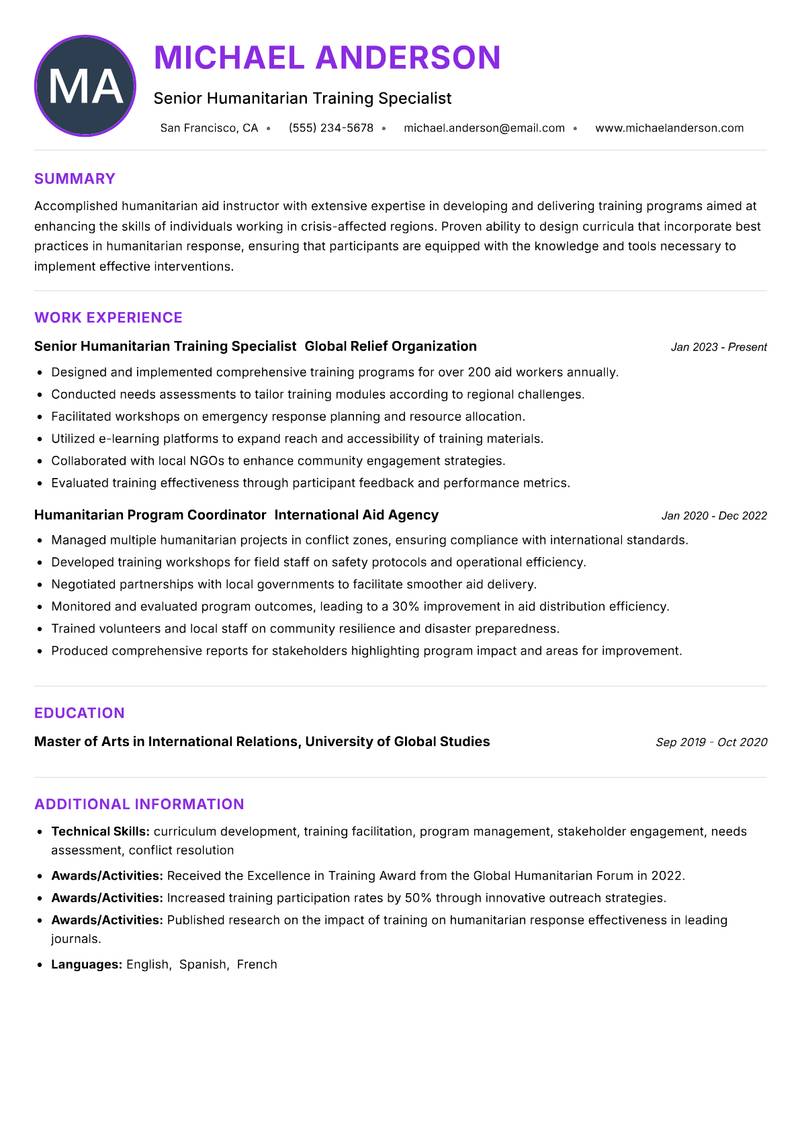 Humanitarian Aid Instructor Resume Preview Example
