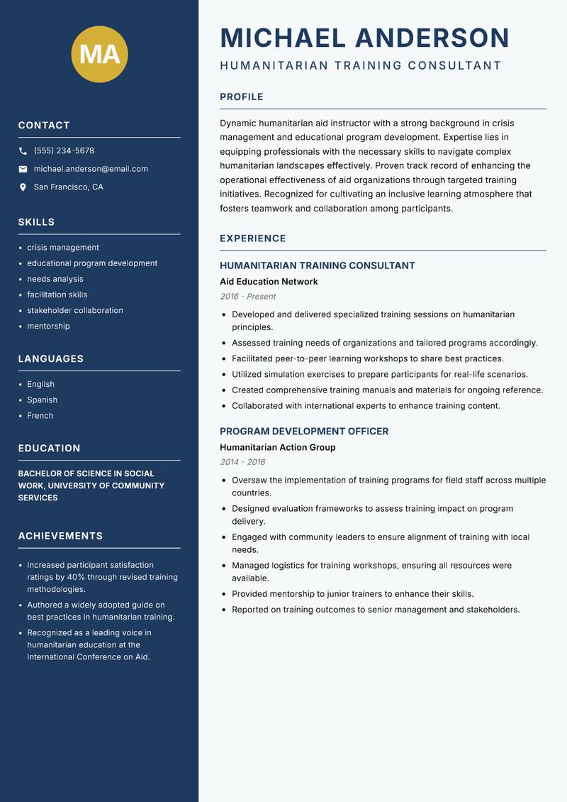 Humanitarian Aid Instructor Resume Preview Example
