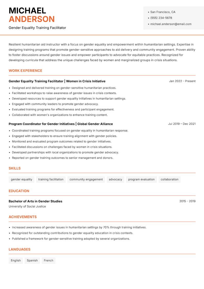Humanitarian Aid Instructor Resume Template