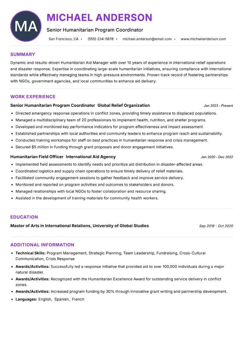 Humanitarian Aid Manager Resume Preview Example