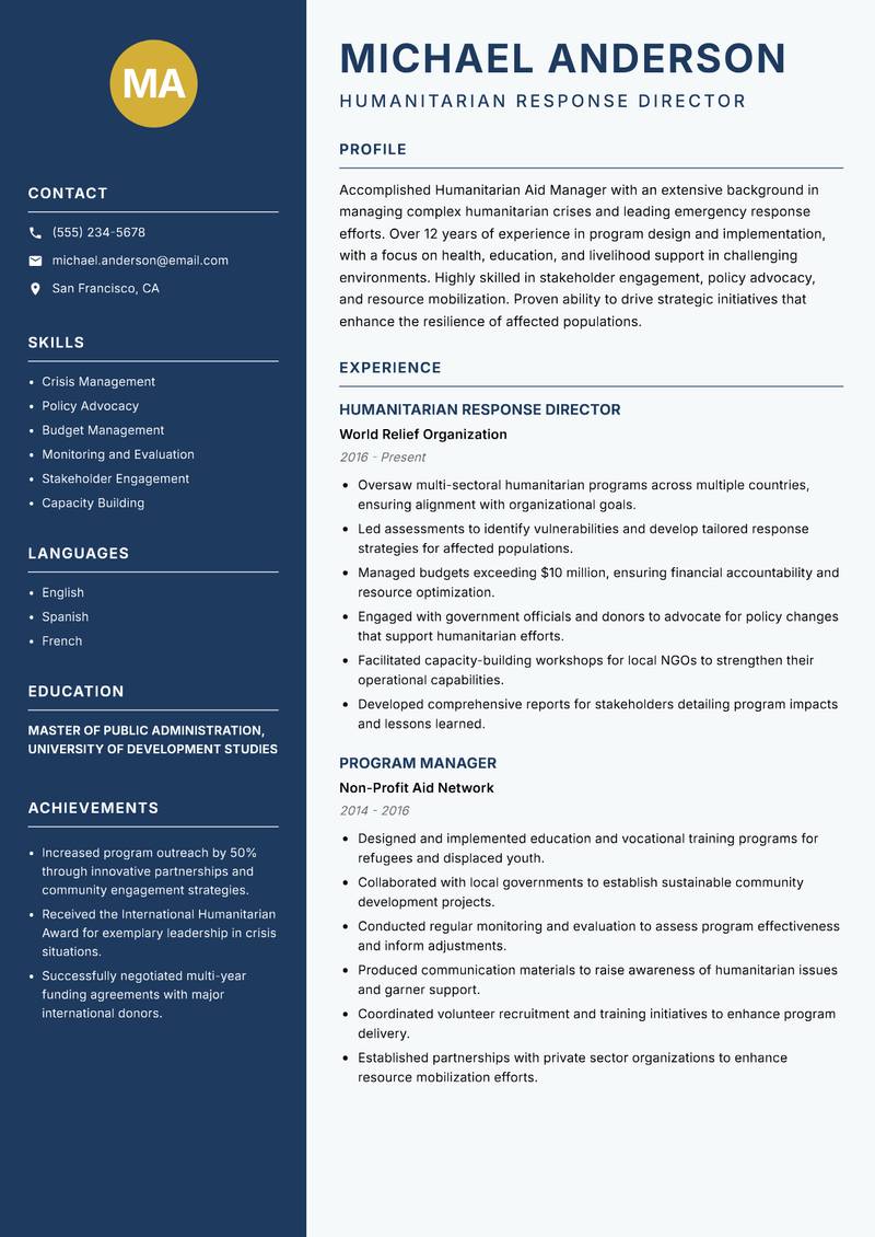 Humanitarian Aid Manager Resume Preview Example