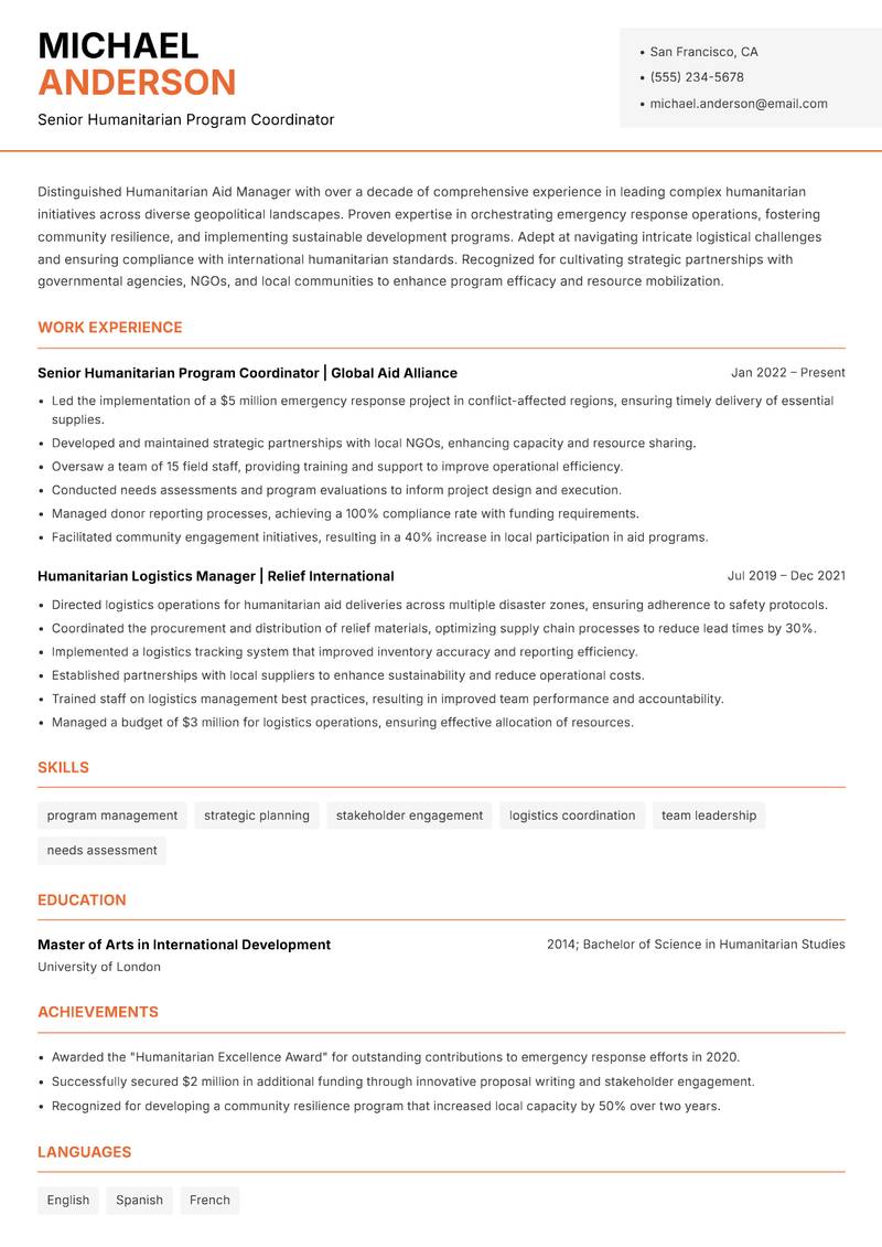 Humanitarian Aid Manager Resume Template