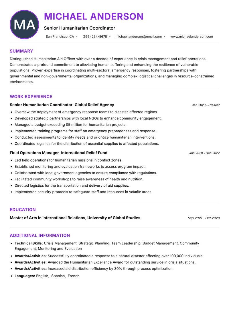 Humanitarian Aid Officer Resume Preview Example