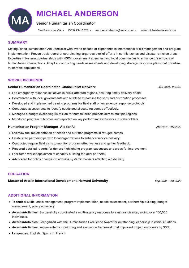 Humanitarian Aid Specialist Resume Preview Example