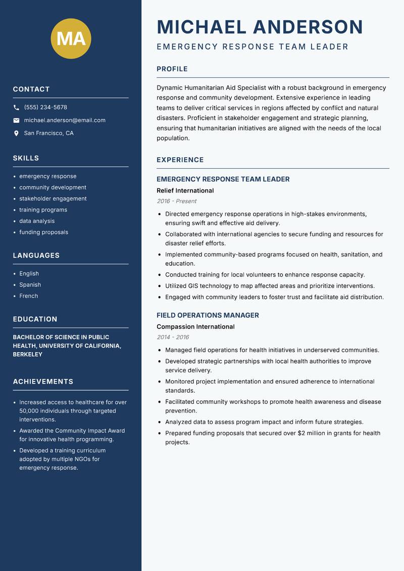 Humanitarian Aid Specialist Resume Preview Example
