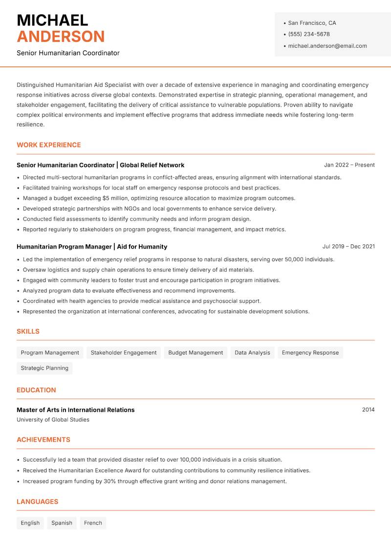 Humanitarian Aid Specialist Resume Template