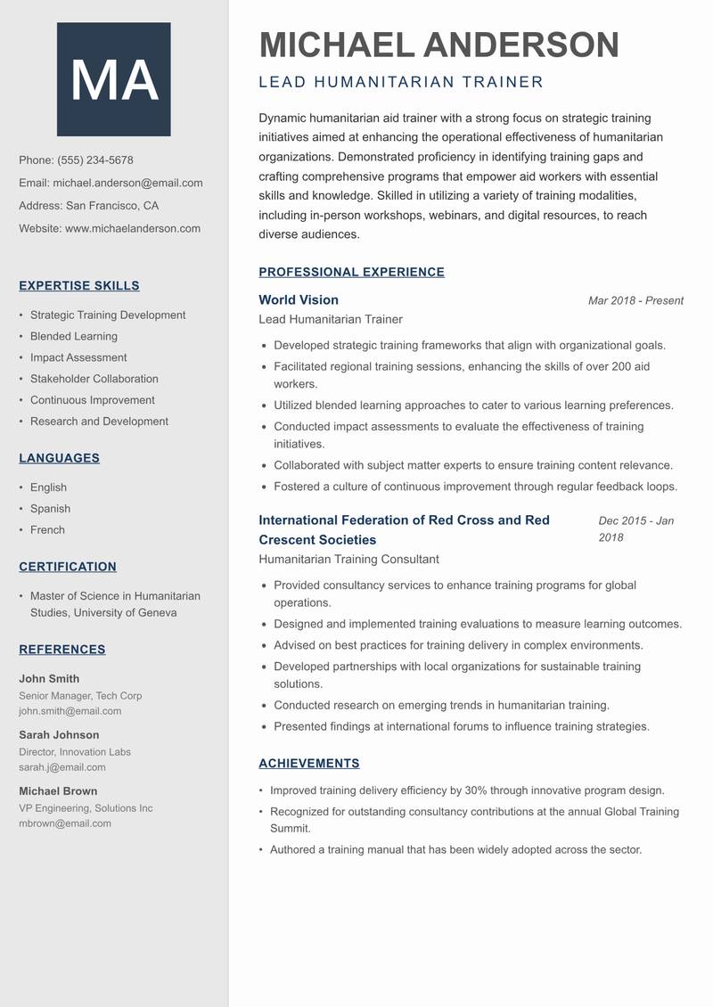 Humanitarian Aid Trainer Resume Preview Example