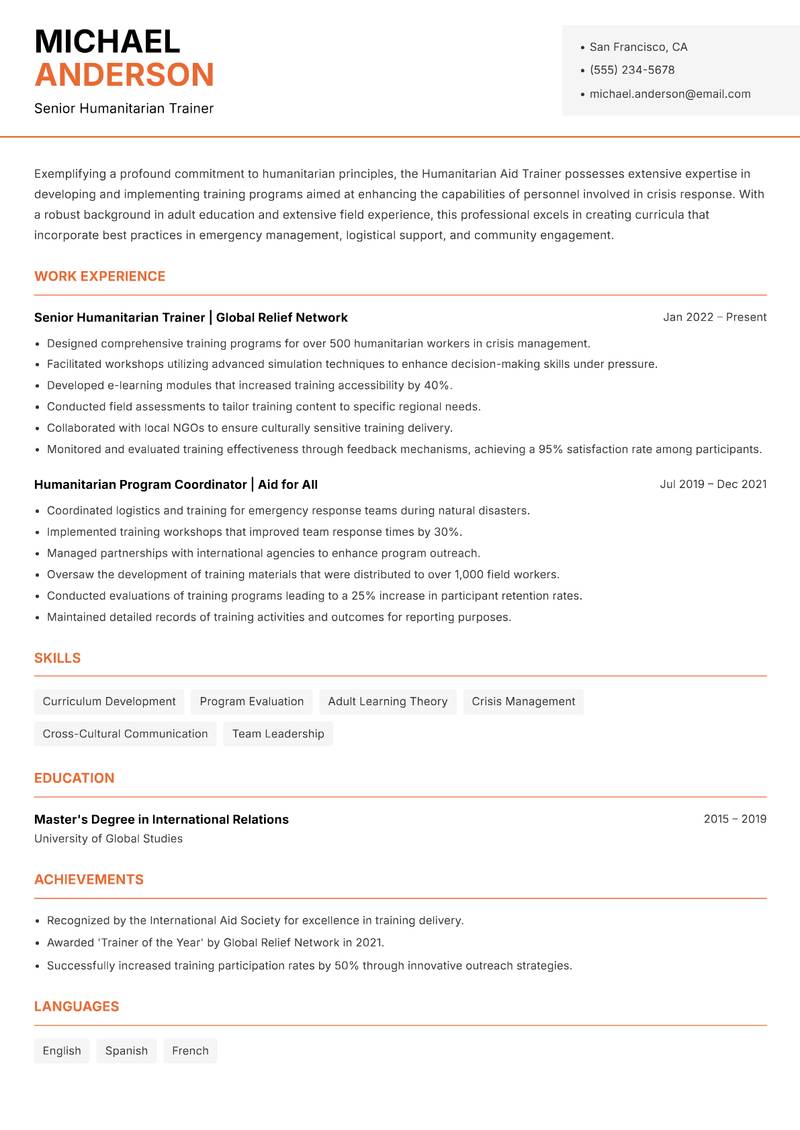 Humanitarian Aid Trainer Resume Template